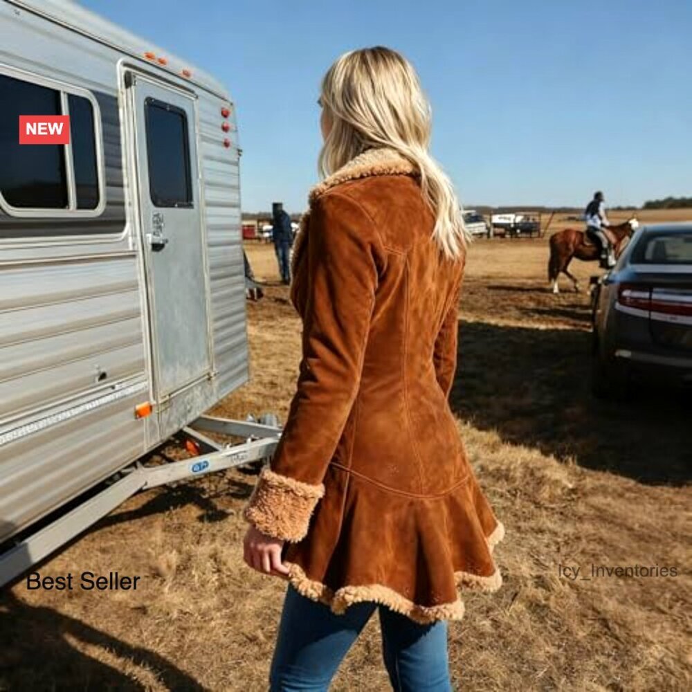 Sherpa Lined Faux Leather Jacket Slim Fit Retro Western Chic Winter Coat - Picture 5 of 7